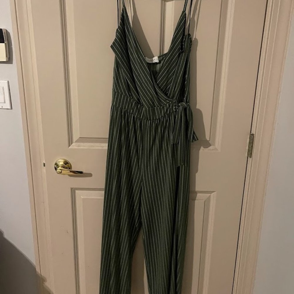 Large - Womens Green and White Stripe Jumpsuit